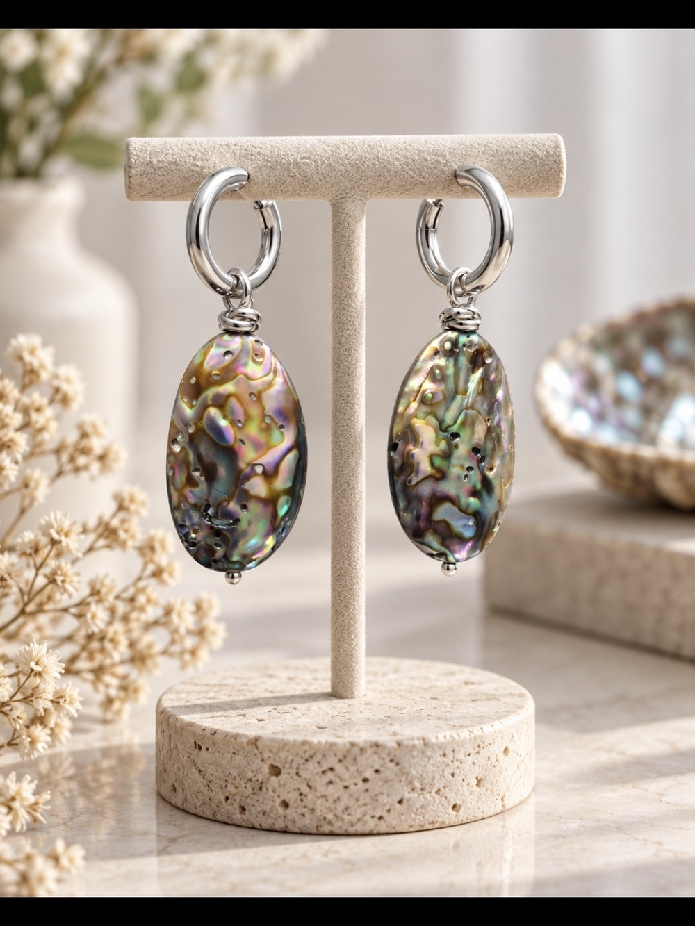 Abalone Shell Oval Drop Hoop Earrings - Silver Tone
